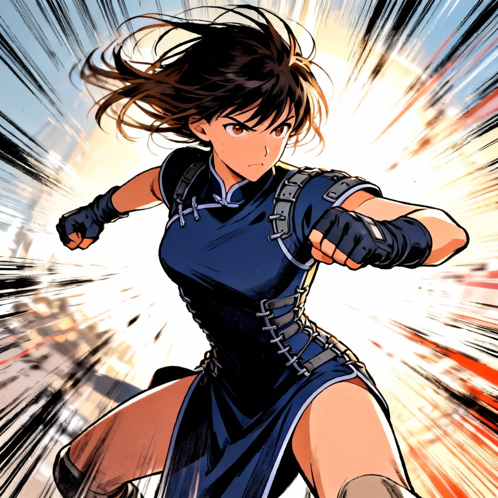 Action pose anime warrior in functional cheongsam outfit