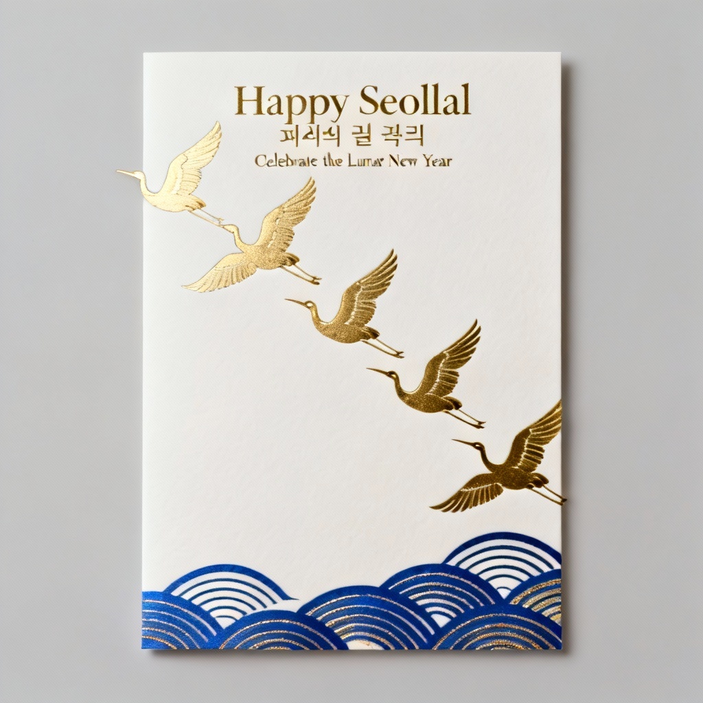 Minimalist Seollal card with gold cranes and waves