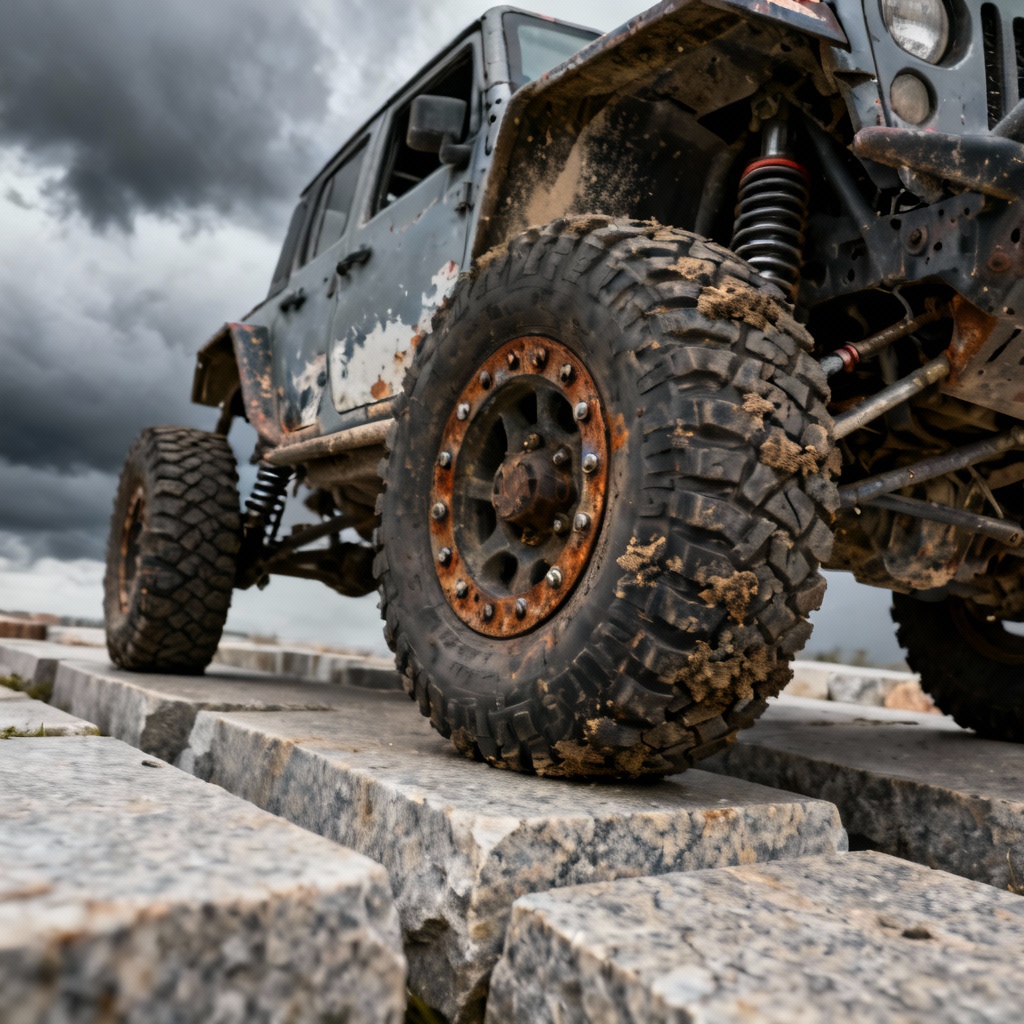 AI rock crawler flexing suspension on alpine granite