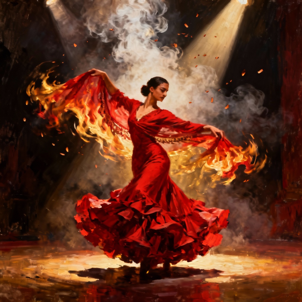 AI flamenco dancer with flowing flame veils
