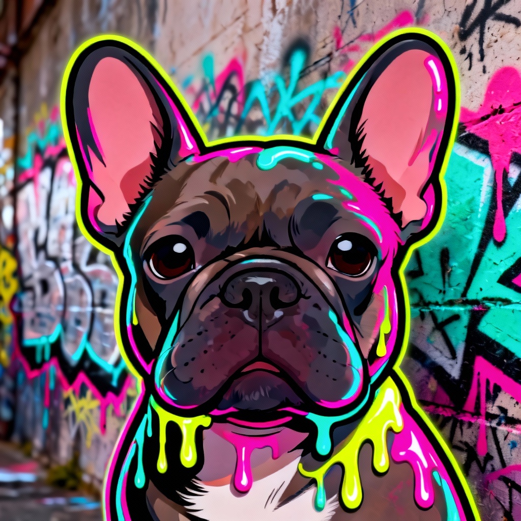 Graffiti drip French Bulldog with bold outline and neon paint