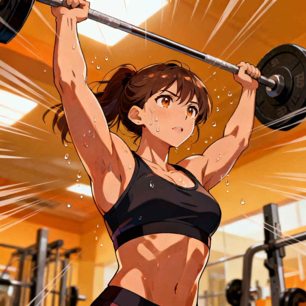 AI anime muscular woman lifting weights