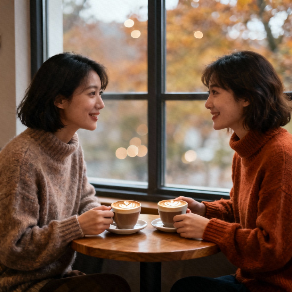 Lesbian couple cozy cafe date by window light