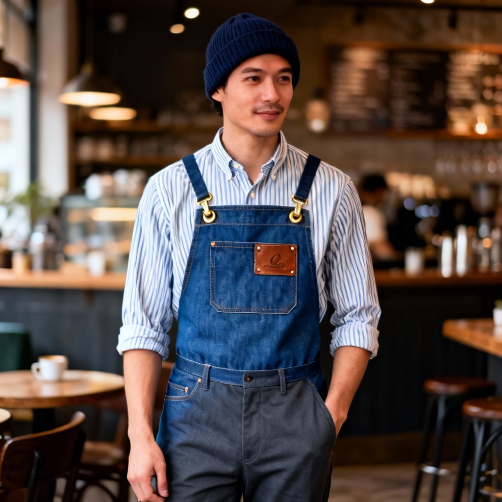Modern bistro denim cross-back apron uniform set