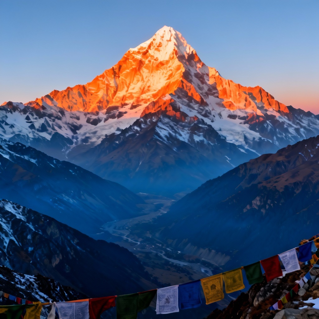 AI Himalayan mountain peak at dawn with warm alpenglow