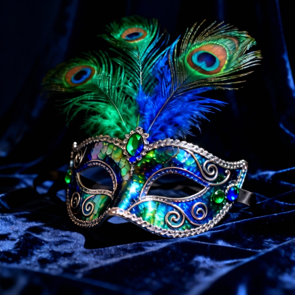 AI feathered peacock Venetian carnival mask with gemstones