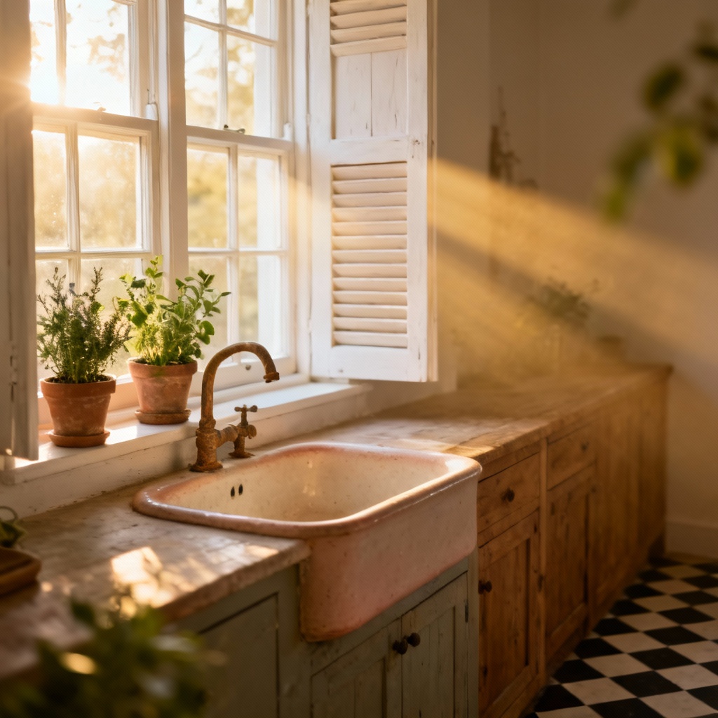 Farmhouse kitchen window with white frame, shutters, and sunlit herbs