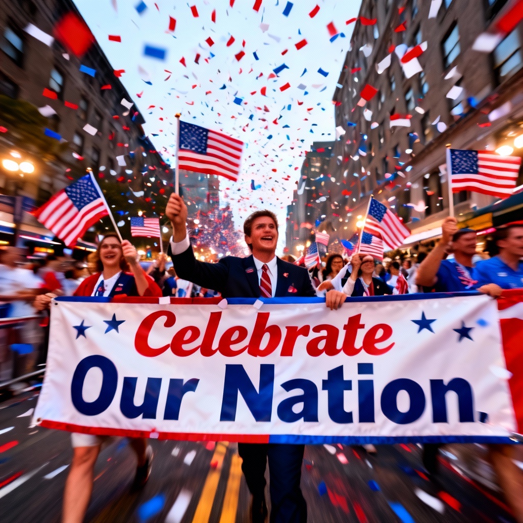 AI patriotic parade scene with confetti and banners