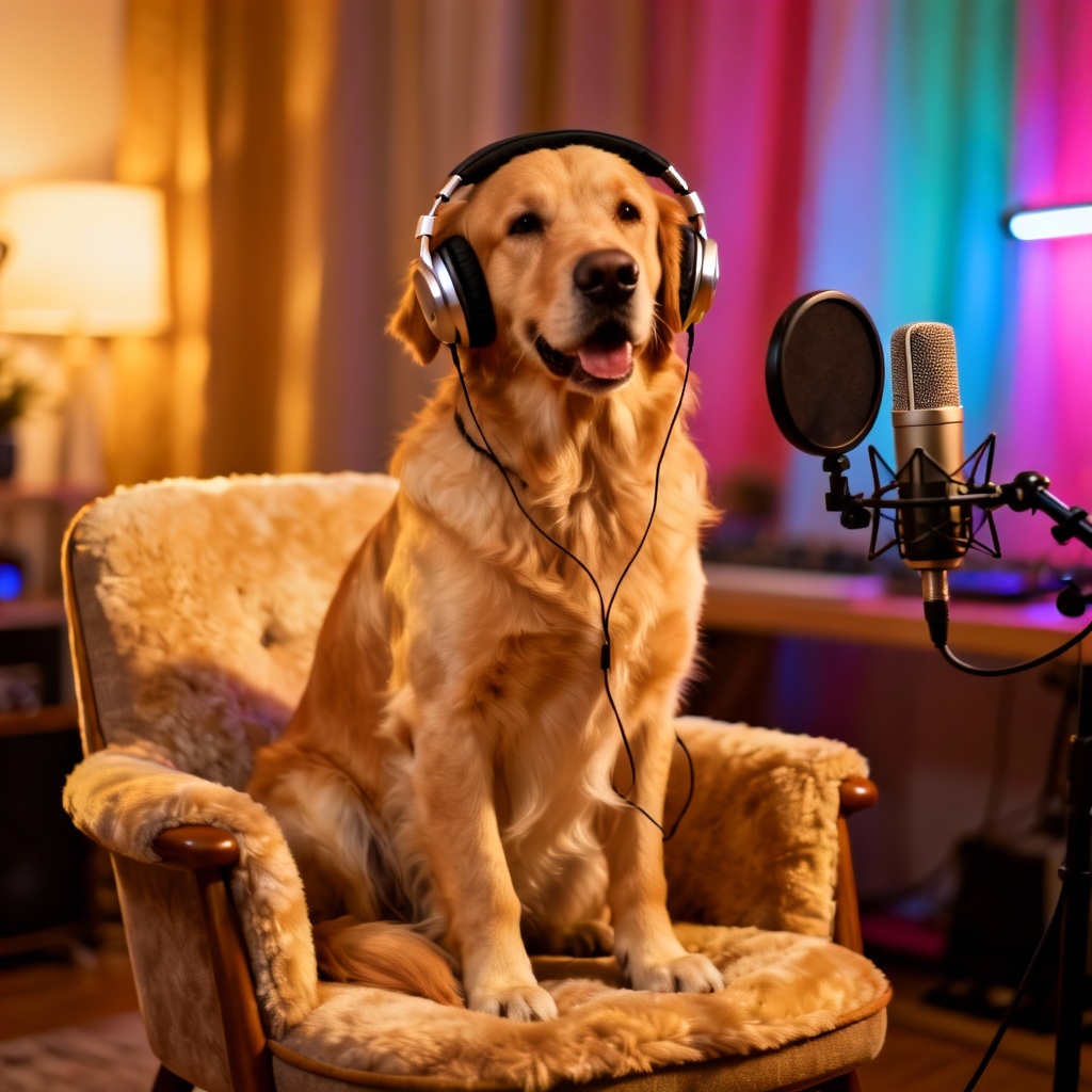 AI pet interview scene with dog and microphone
