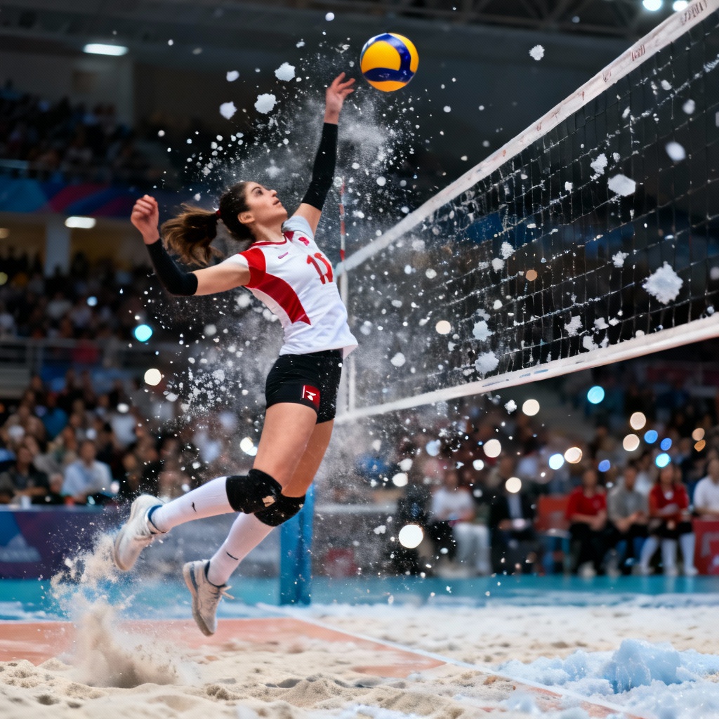 AI Turkish volleyball player blocking at net