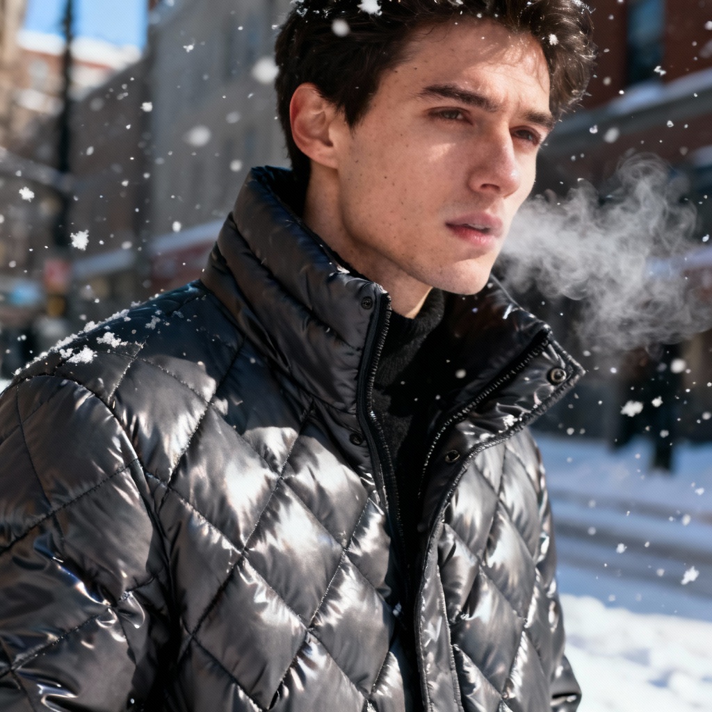 AI black puffer jacket editorial photo