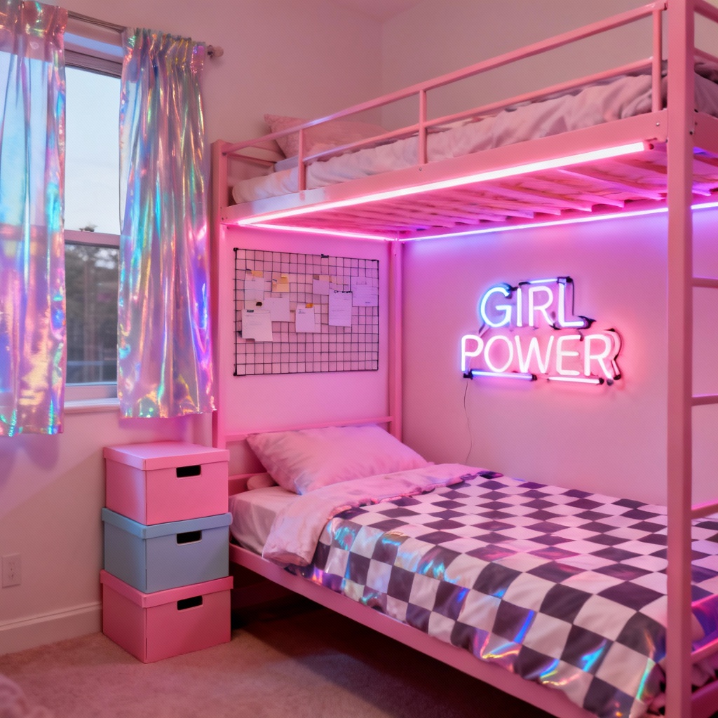 AI cyber pink Y2K dorm room layout