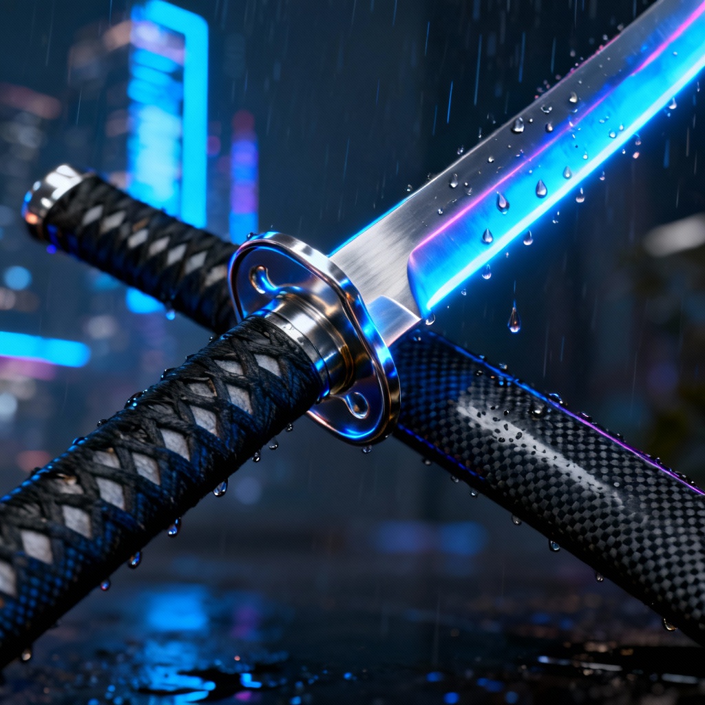 AI neon cyber katana with holographic edge and chrome fittings