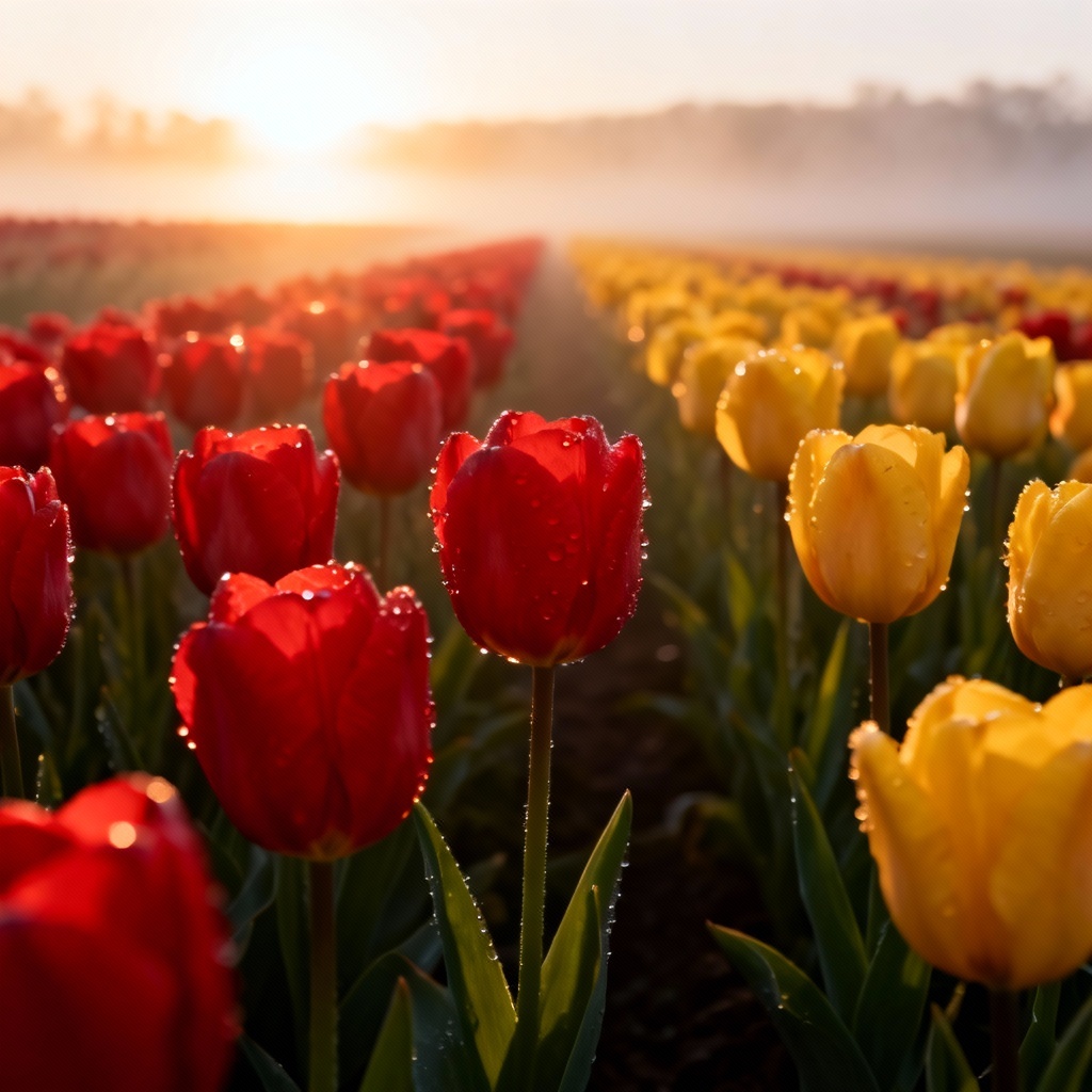 Photorealistic Dutch tulip field at sunrise with vivid colors