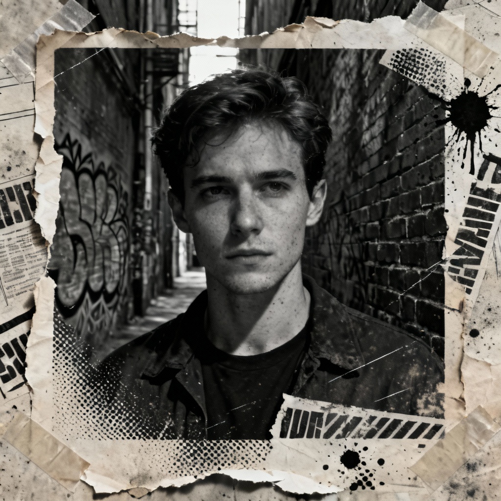 AI grunge portrait with film grain, scratches, and torn paper texture