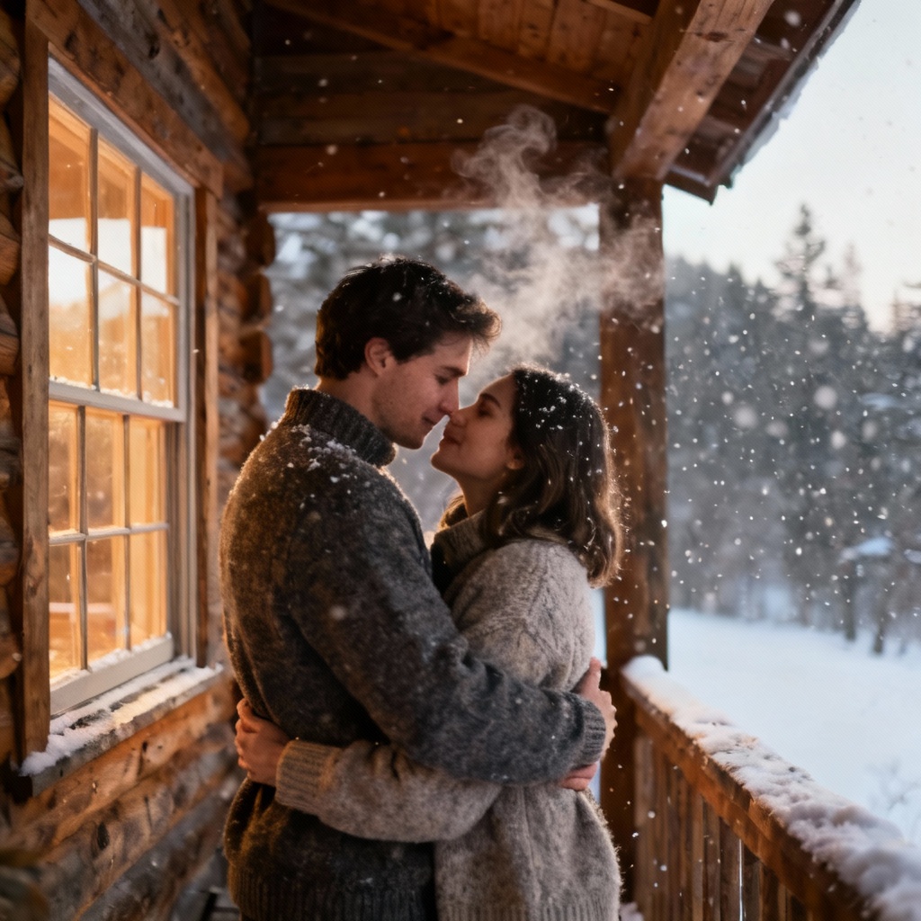 AI snowy cabin romantic hug