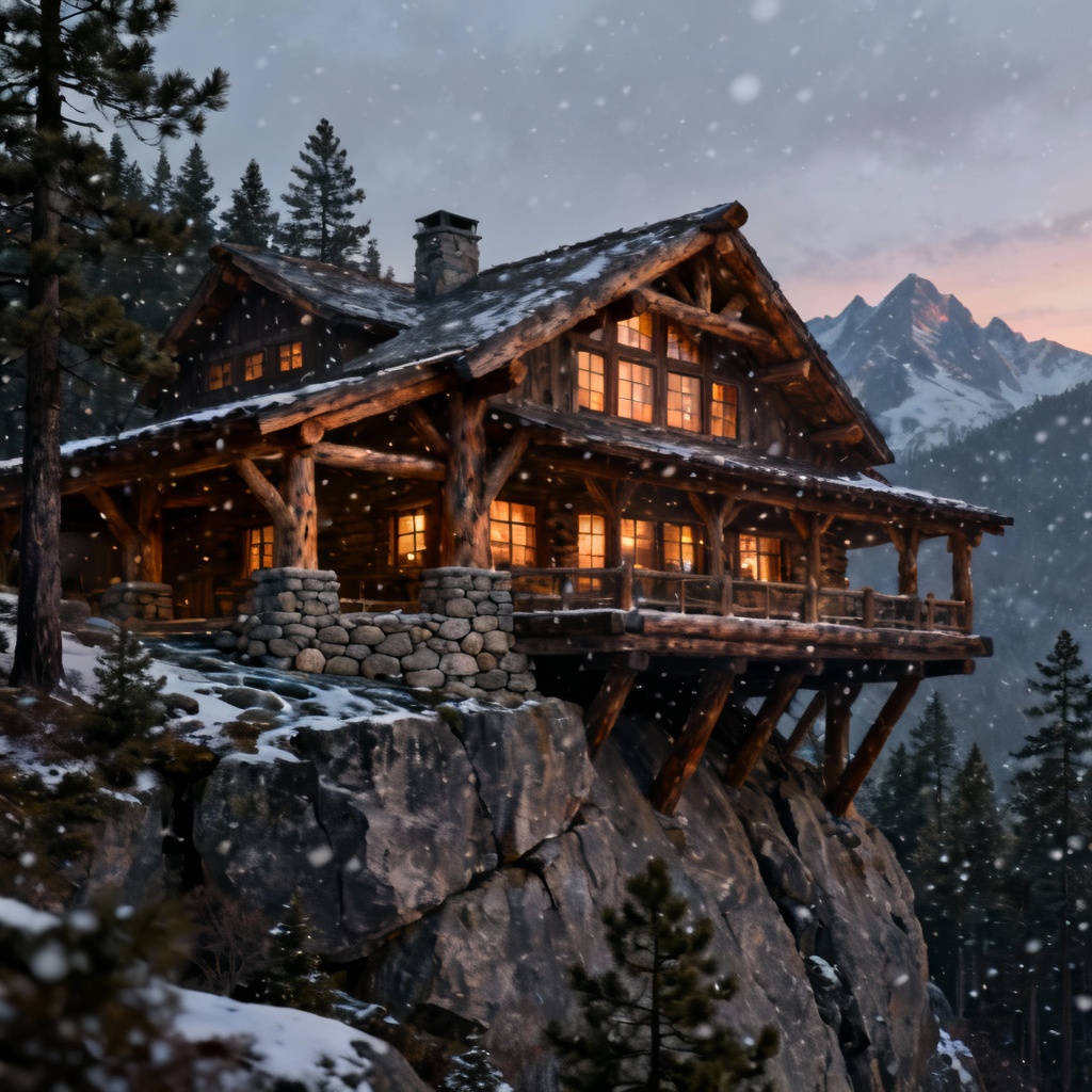 AI mountain lodge with log beams and stone foundation at dusk