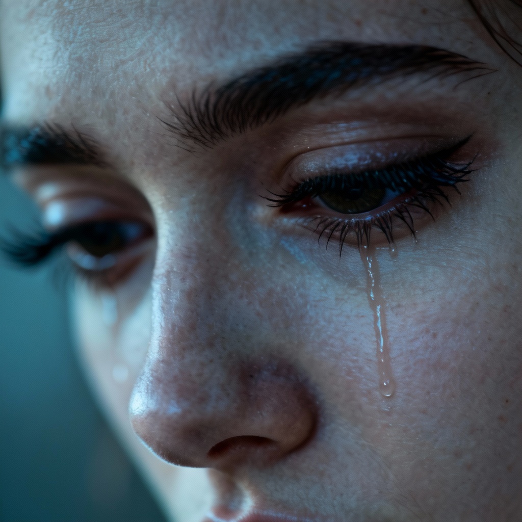 AI tear-streaked sorrow portrait closeup