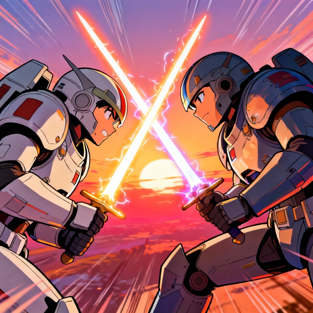 Anime Jedi duel at dawn with glowing blades