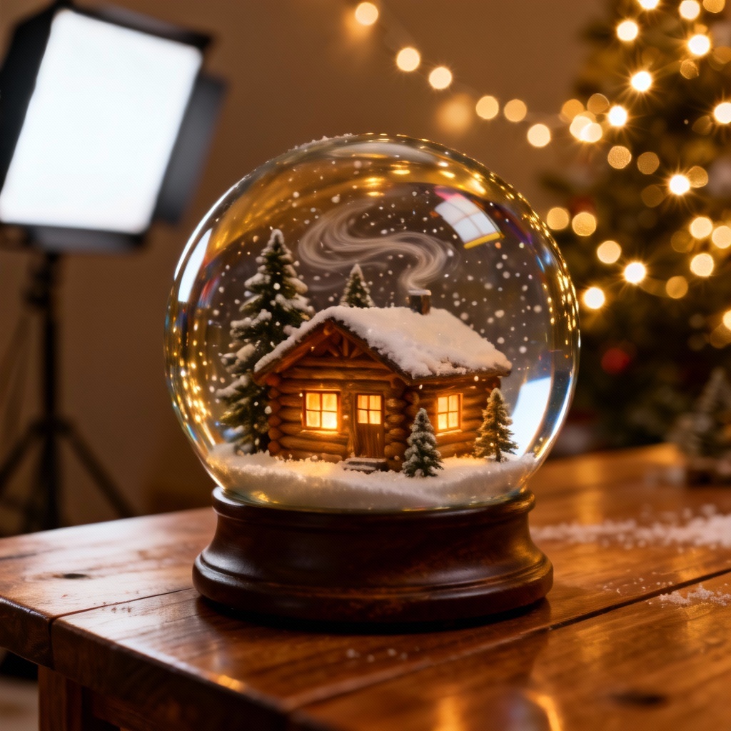 AI snow globe with cozy cabin and falling snow