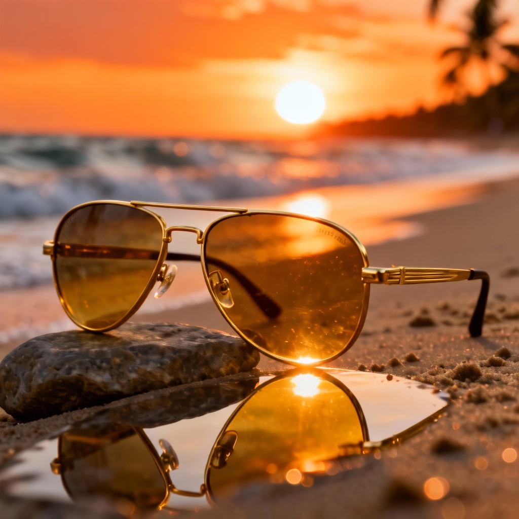 AI gold aviator sunglasses at sunset