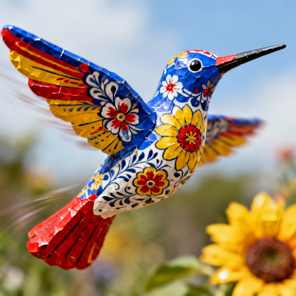 Hummingbird alebrije with talavera floral patterns