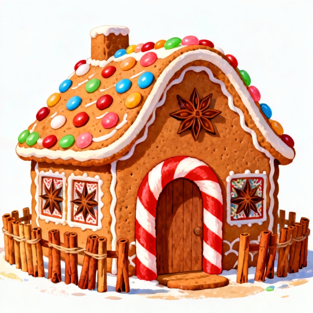 Storybook gingerbread cottage with candy cane arch and gumdrops