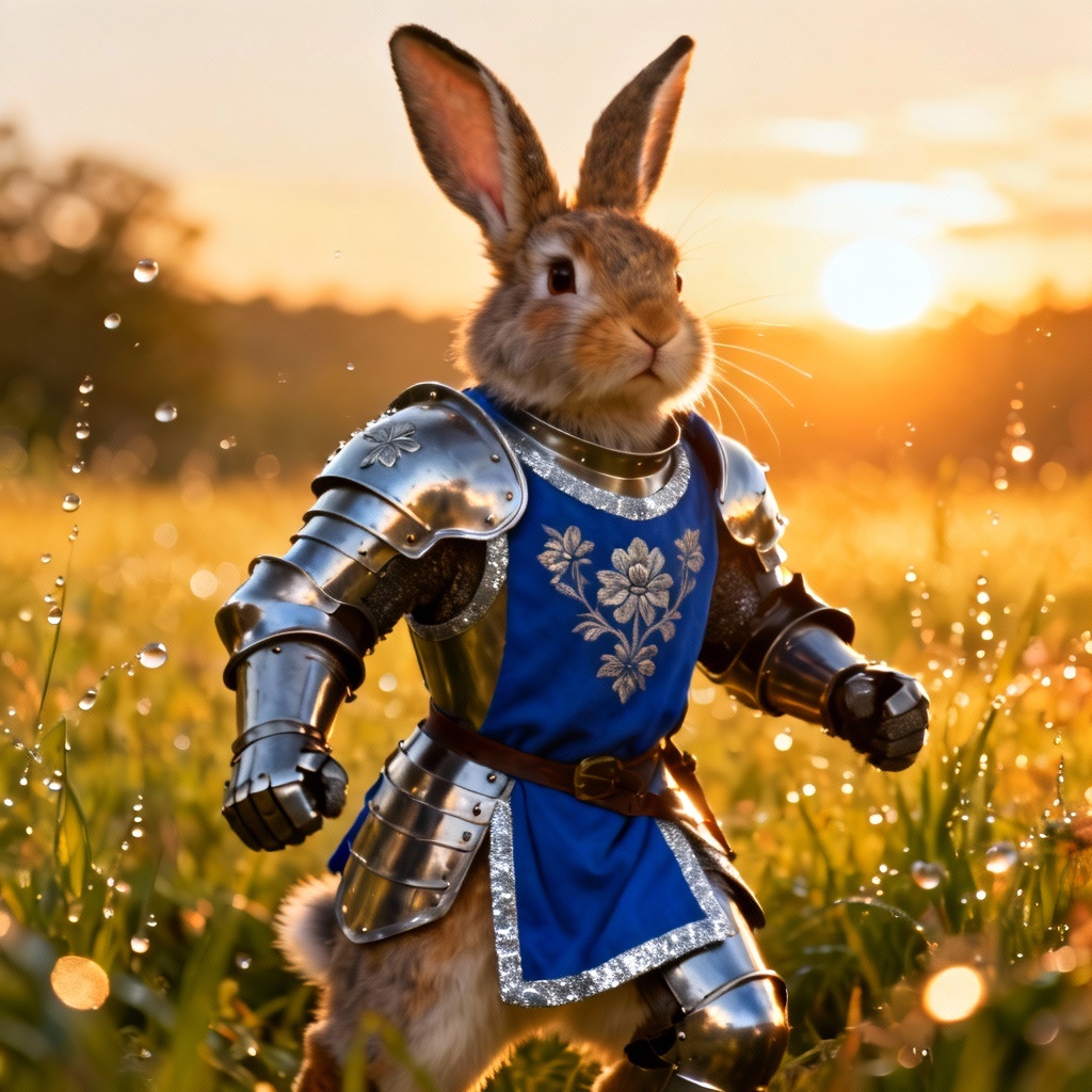 AI knight bunny cosplay in sunrise field