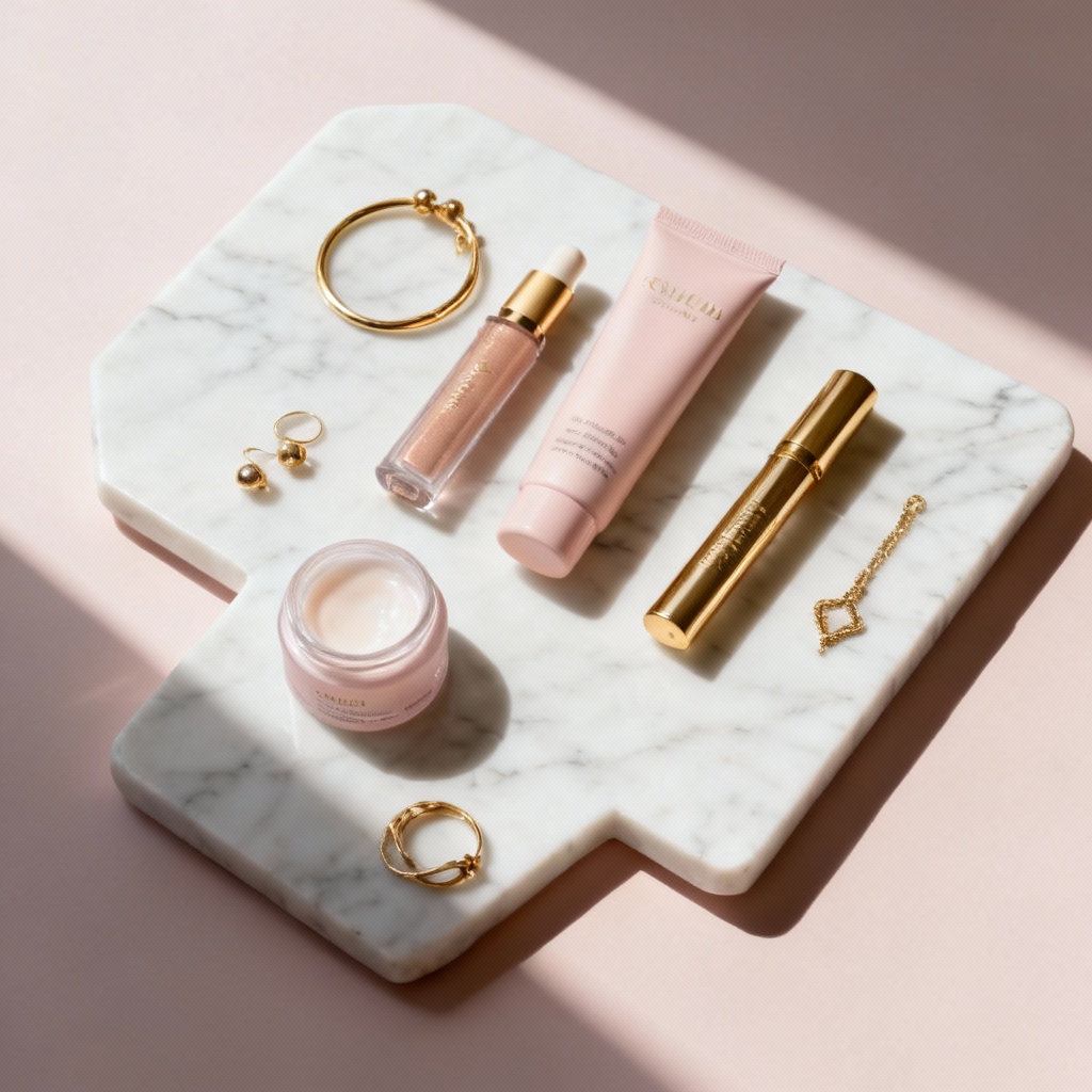 Flat lay product image of cosmetics on white marble with gold props
