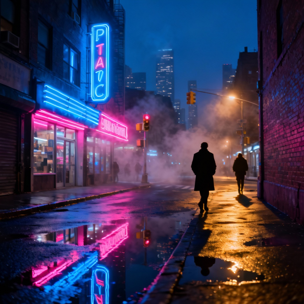 AI generated neon city street at night with wet reflections and cinematic lighting