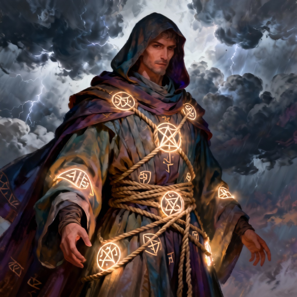 AI fantasy character with glowing rope sigils, SFW