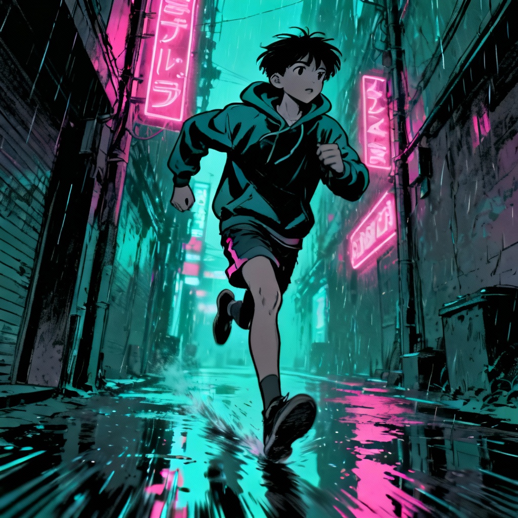 AI Korean anime action scene in neon Seoul street