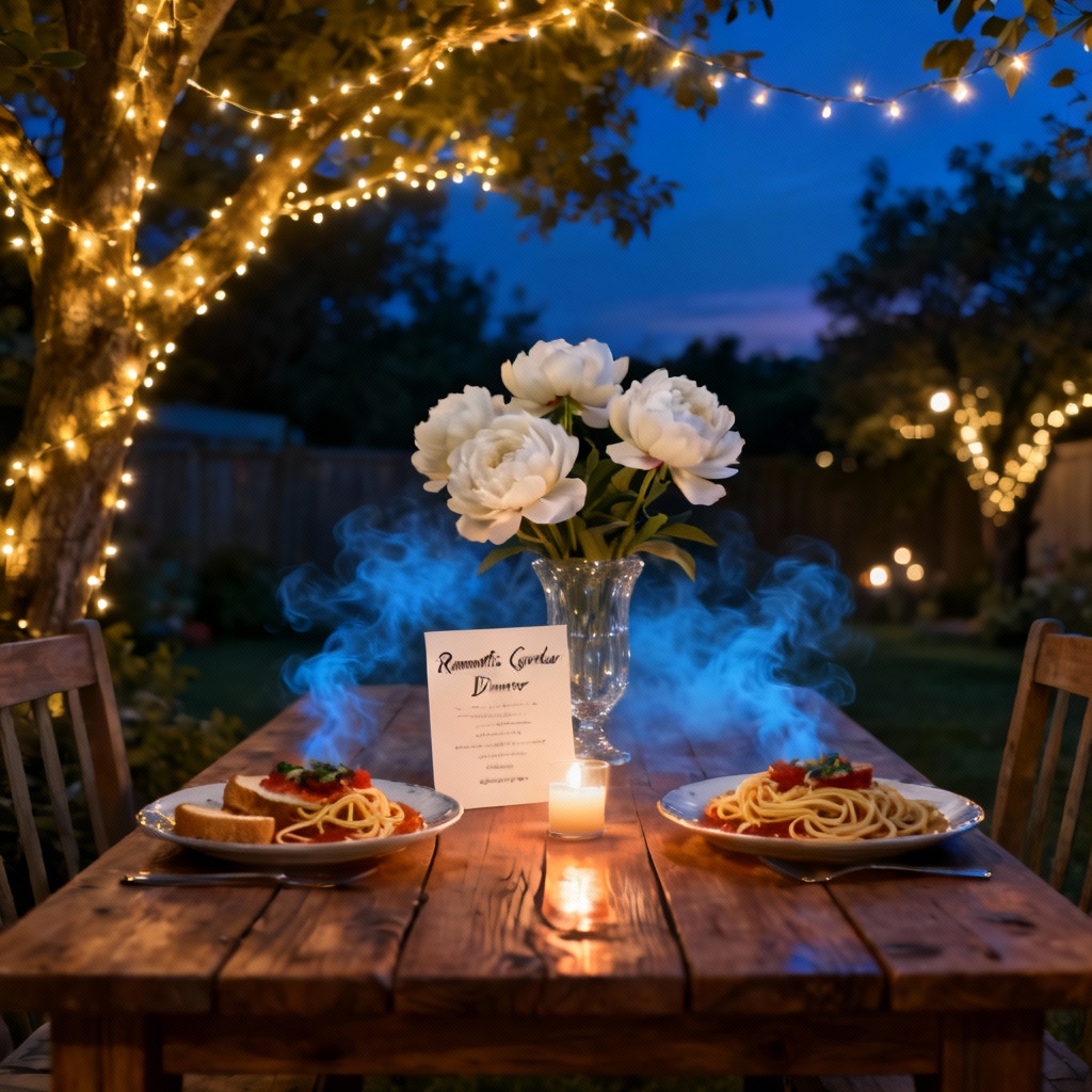 AI garden romantic dinner with fairy lights