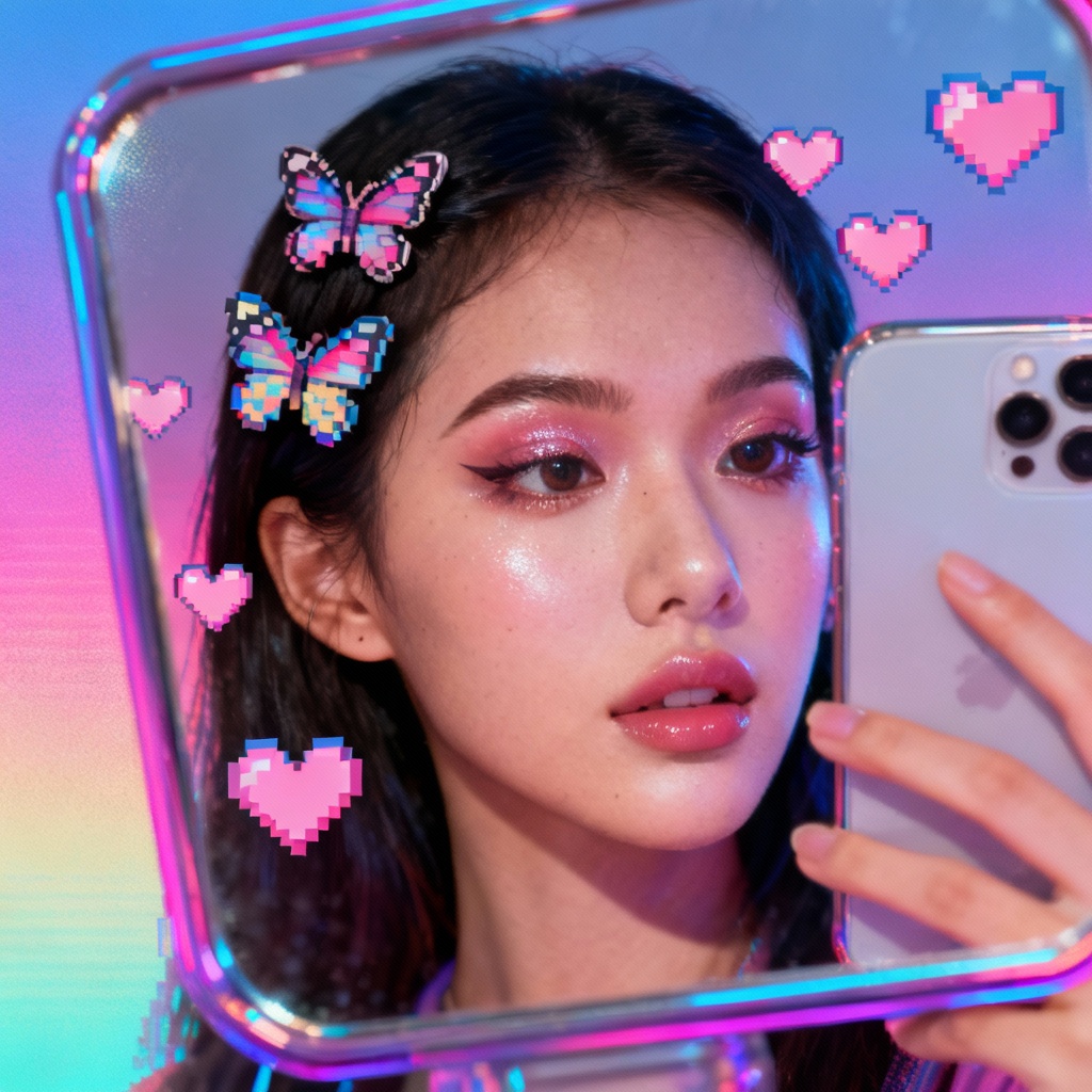 AI Y2K flip phone selfie portrait with butterflies