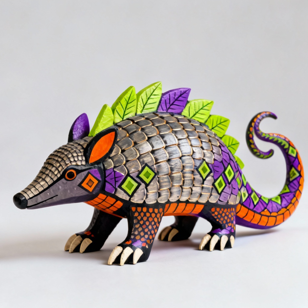 Armadillo dragon alebrije with leaf and diamond motifs