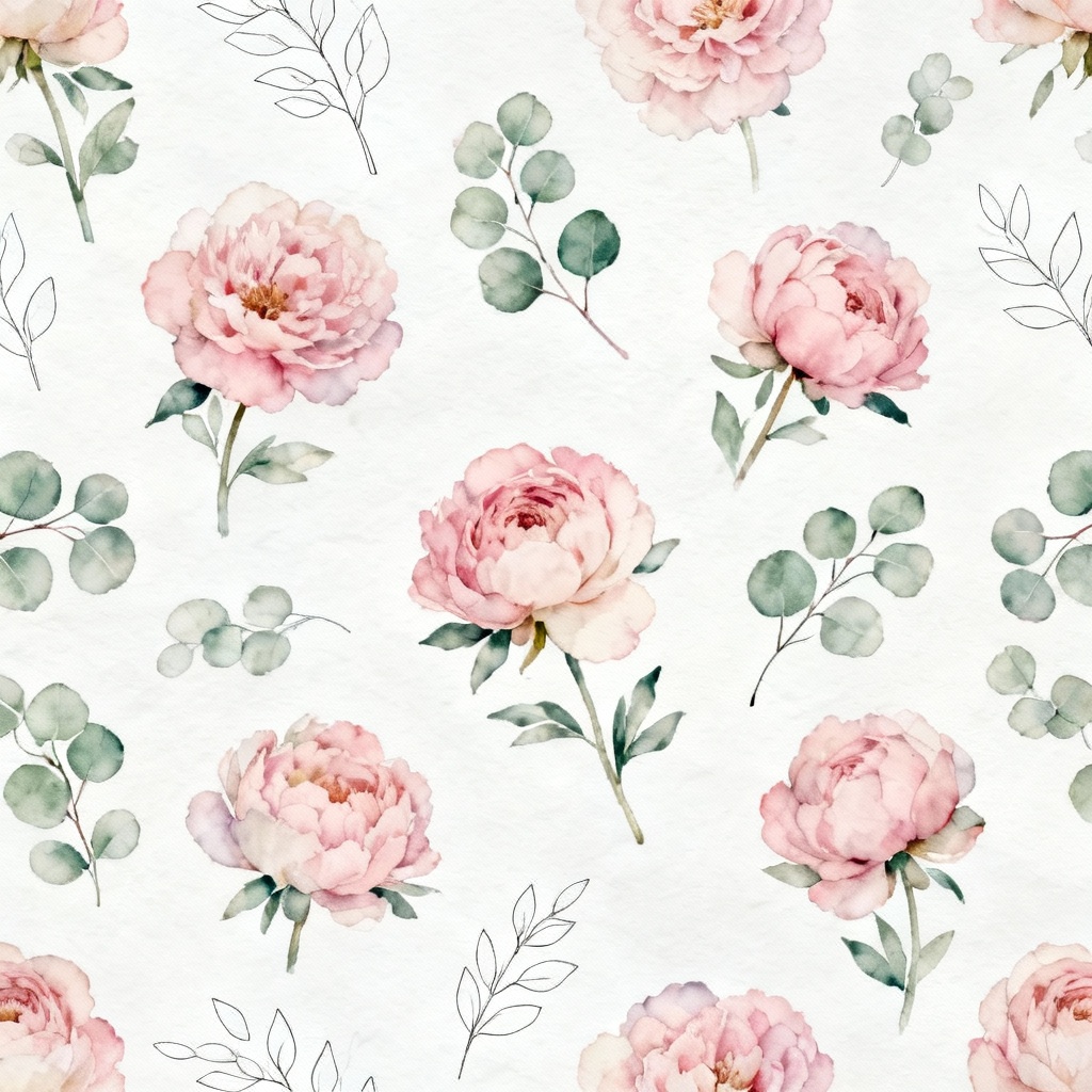 AI watercolor floral background with pastel peonies and eucalyptus