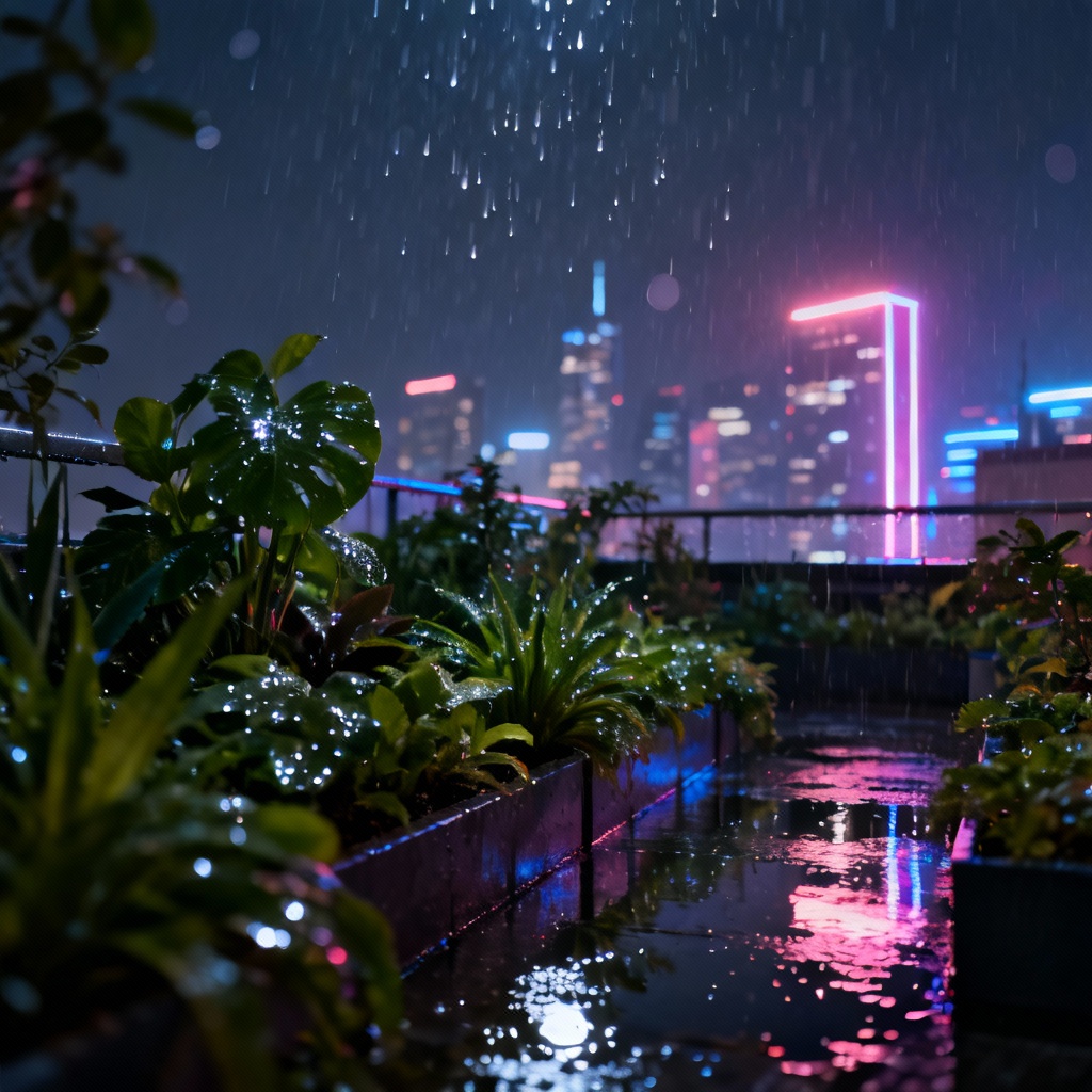 Stylized night rooftop garden under neon rain