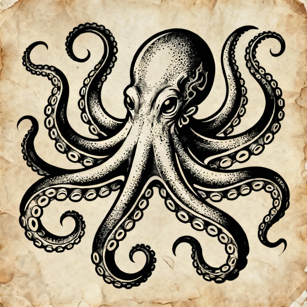 Black linework octopus tattoo flash with stipple shading