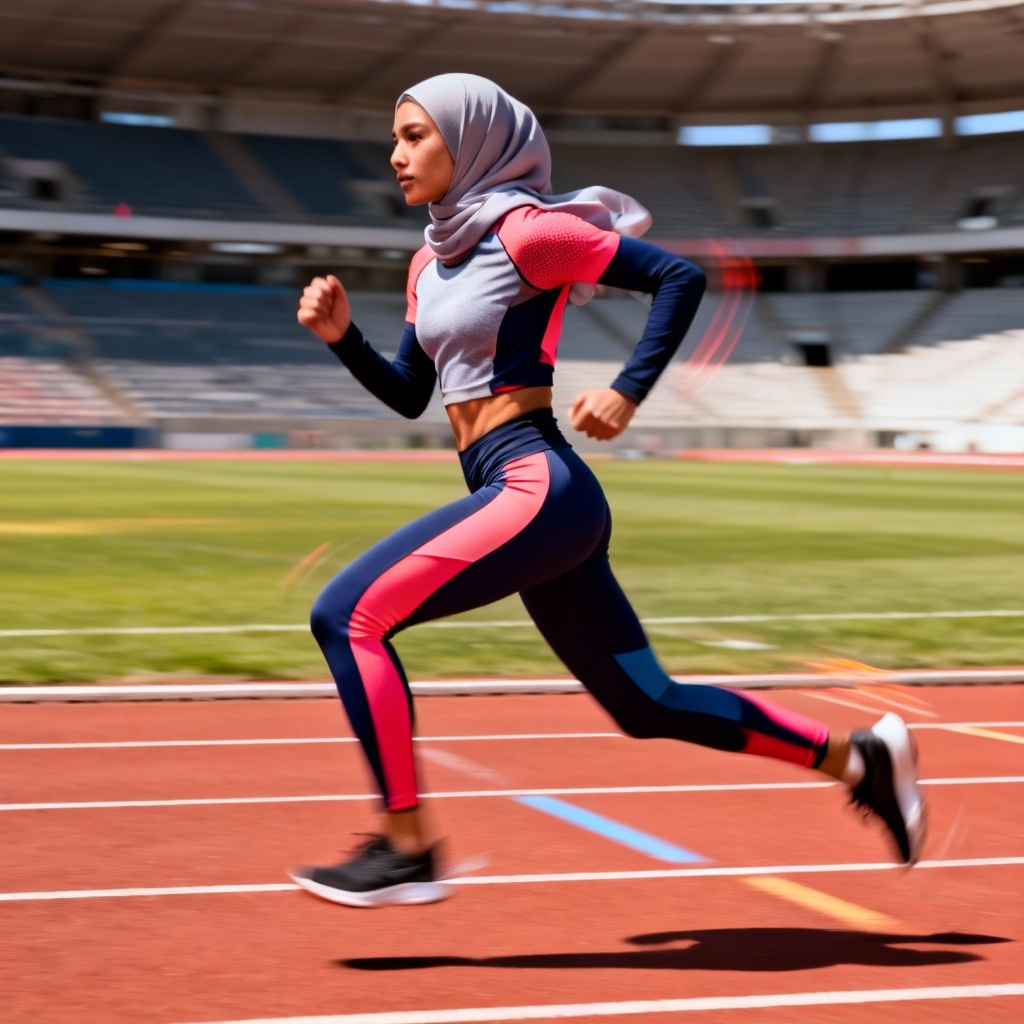 AI sports hijab athlete doing a dynamic workout pose
