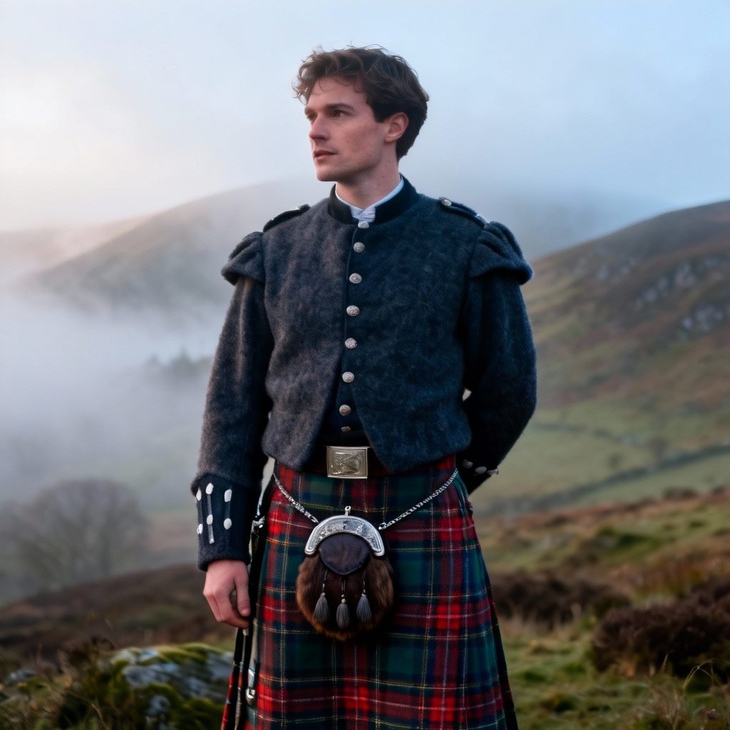 AI Highland kilt attire in misty landscape