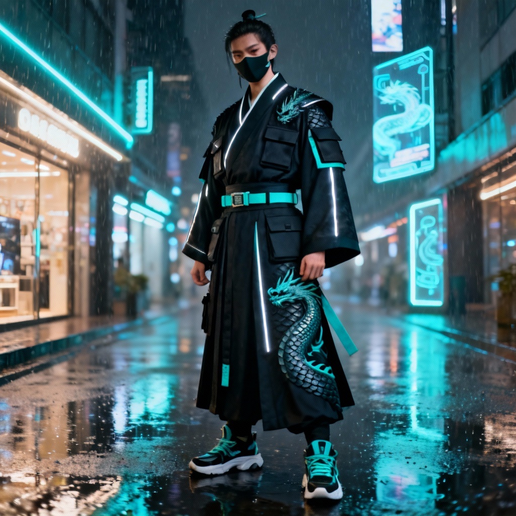 AI streetwear hanfu techwear fusion look at night