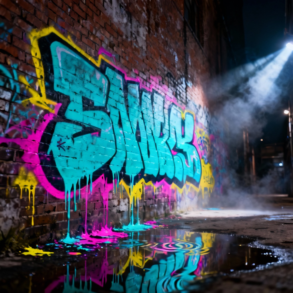 Neon wildstyle graffiti mural glowing on a brick wall at night