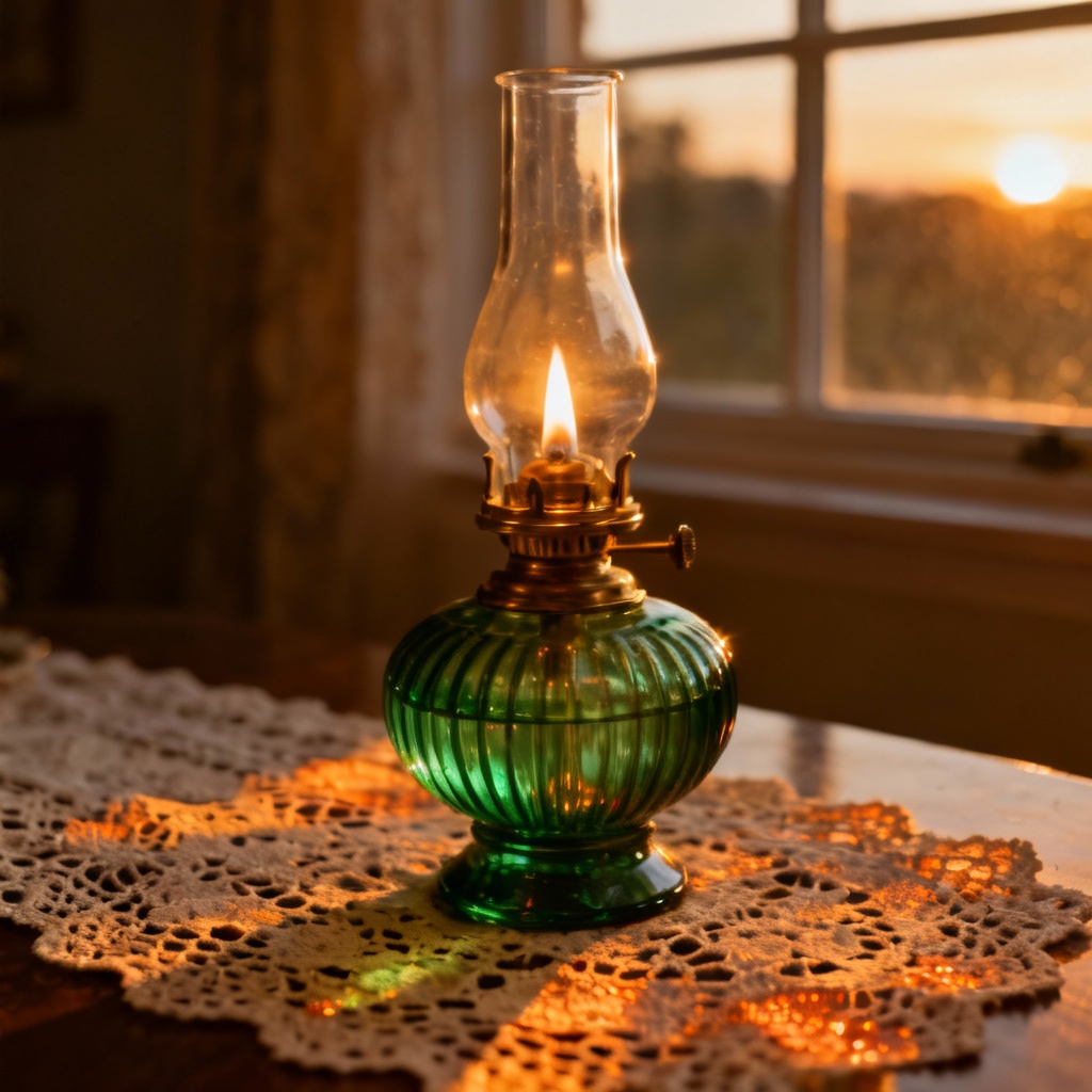 Vintage green glass oil lamp with lace table runner