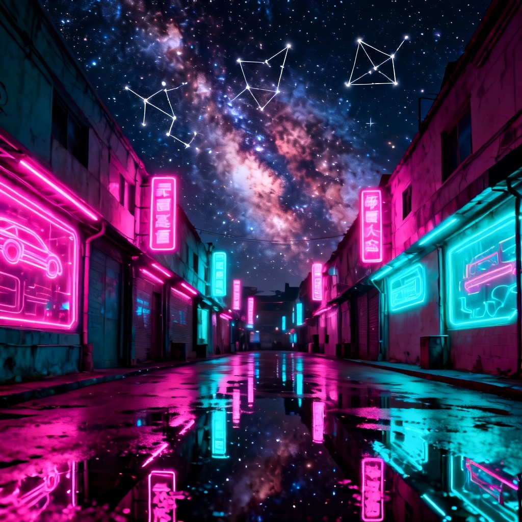 AI neon cyberpunk street with galaxy sky
