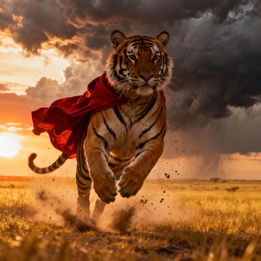 AI Ride the Tiger artwork of a hero riding a tiger at sunset