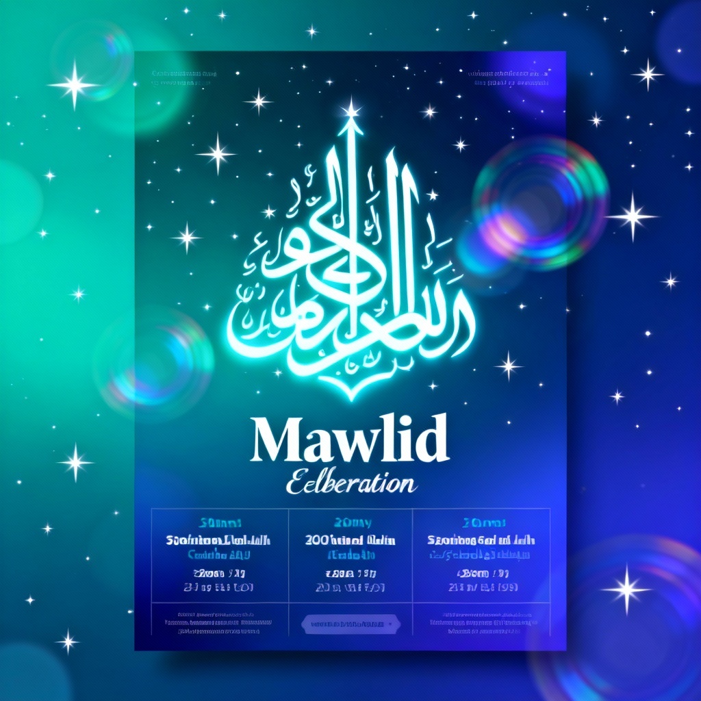 AI Mawlid poster with glowing calligraphy and star patterns