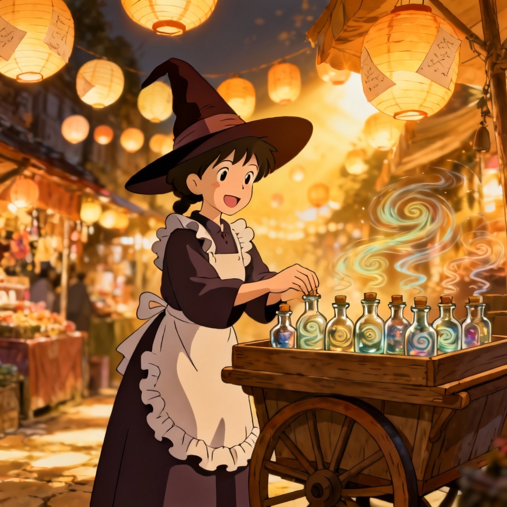 AI witch ghibli persona as a lantern market vendor with bottled winds