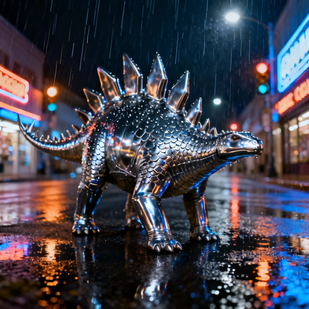 Cyberpunk stegosaurus walking through rainy neon-lit street