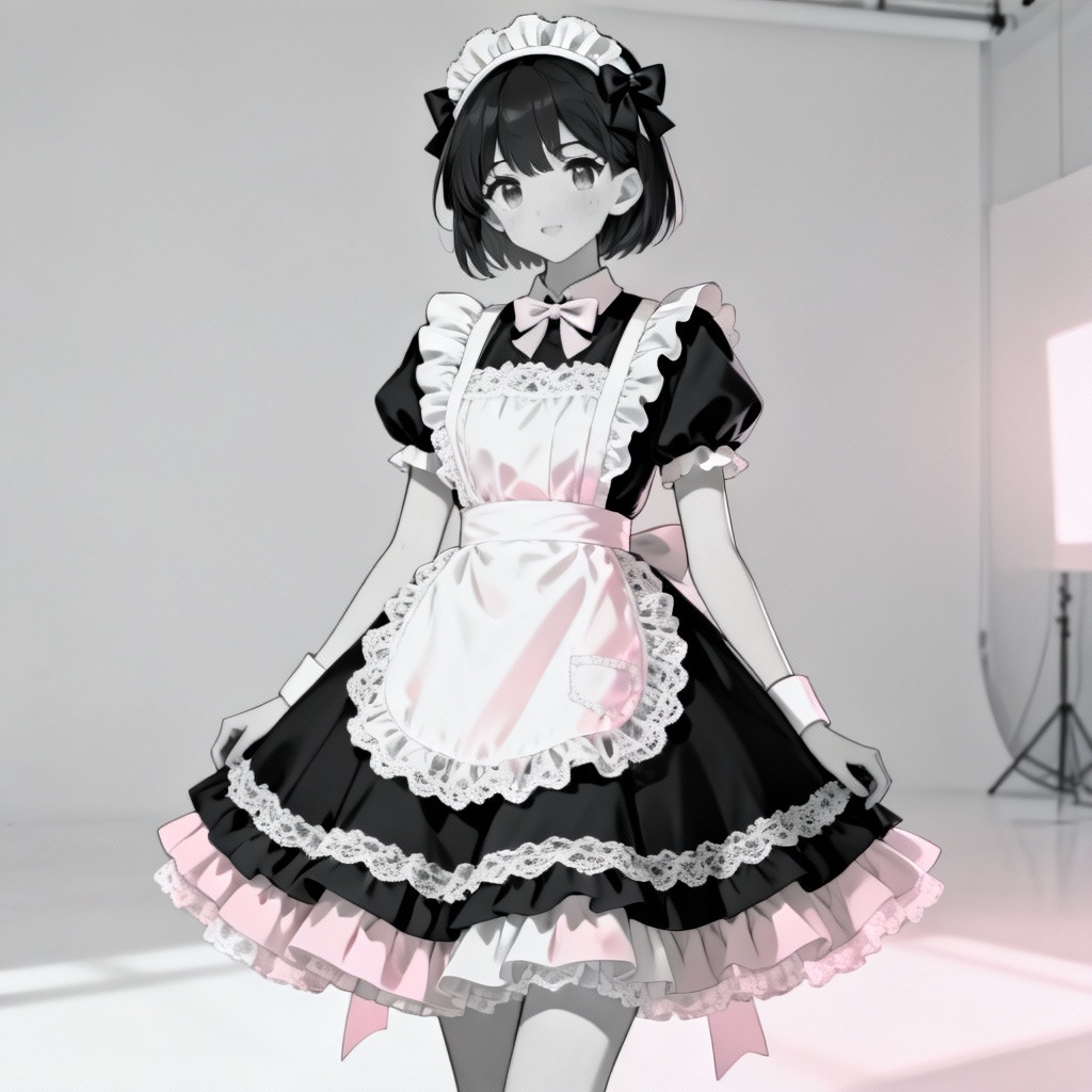 AI maid dress concept with ruffled apron and bow headband