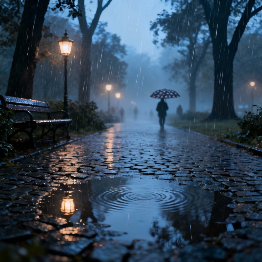AI rainy serene park with reflective puddles and lanterns